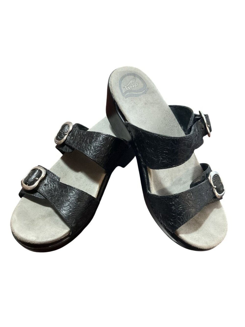 Dansko Sophie Black Leather Embossed Floral Platform Sandals Size 40 / 9 - 9.5